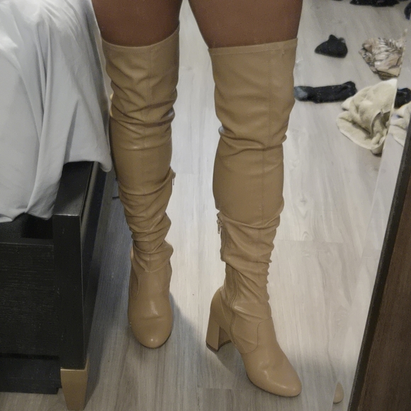 Women's Over The Knee Block Heel Boots Tan Sz 7.5 Faux Leather - Picture 2 of 11